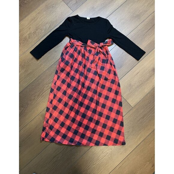 Girl Maxi Dress Casual Buffalo Check Plaid Long Sleeve Dress with Pockets sz 10 - Picture 1 of 5